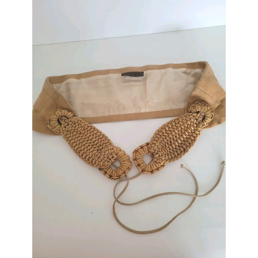 Loewe Vintage Reindeer Leather Silk Belt Braided Wide Tie Size 40 Fit 36 Tan Bei - Picture 1 of 11